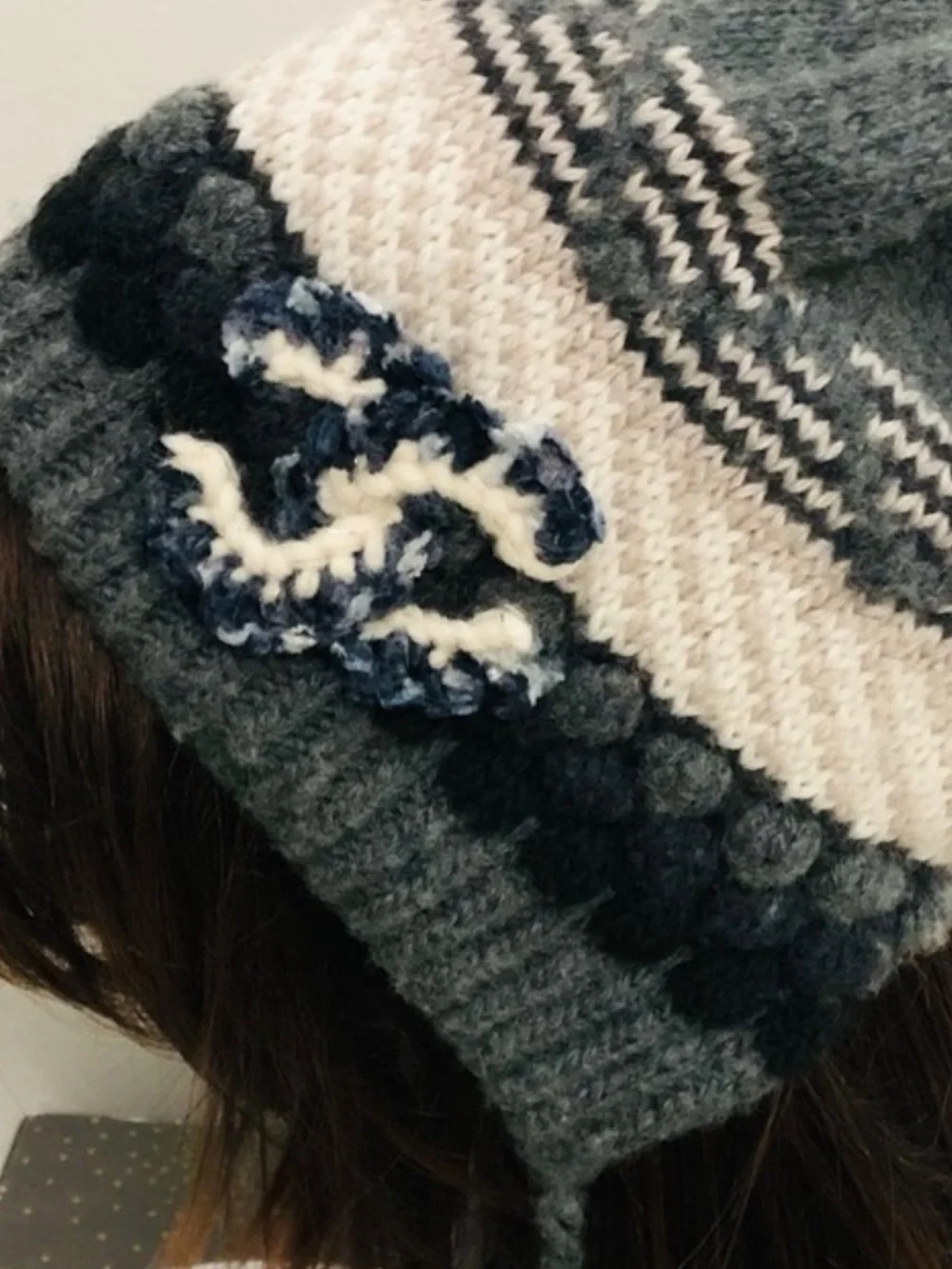 CC (Chanel) Kids Gray Knit Earflap Beanie with Navy & White Accent